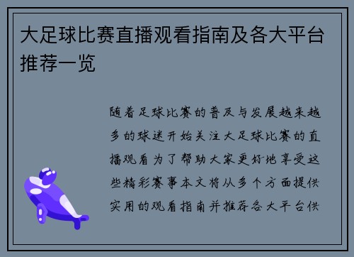 大足球比赛直播观看指南及各大平台推荐一览
